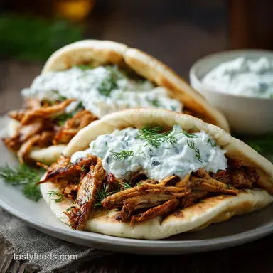 Crockpot Greek Chicken Pitas with Tzatziki (6h 15m) Recipe Card
