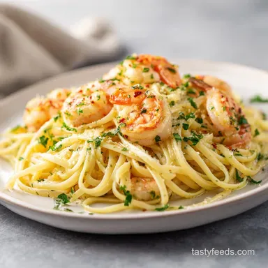Easy Creamy Shrimp Linguine Recipe with Garlic (25 Min) Recipe Card