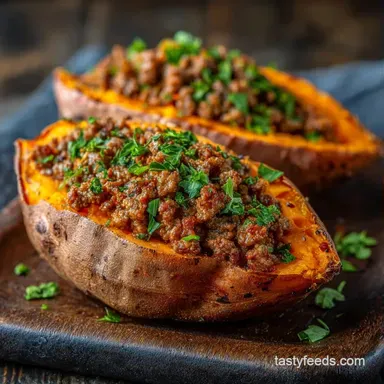 Loaded Baked Sweet Potatoes with Beef Recipe Card