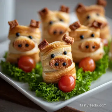 Cute Fun Kids Party Appetizer with Mini Pigs in a Blanket Recipe Card