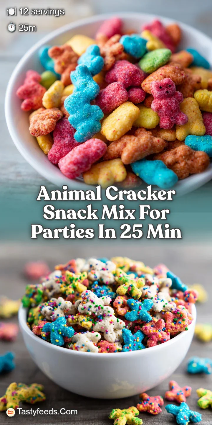 Close-up on the mix showing sugary coating, varied textures of pretzels, animal crackers, candies. Irresistible and festiv...