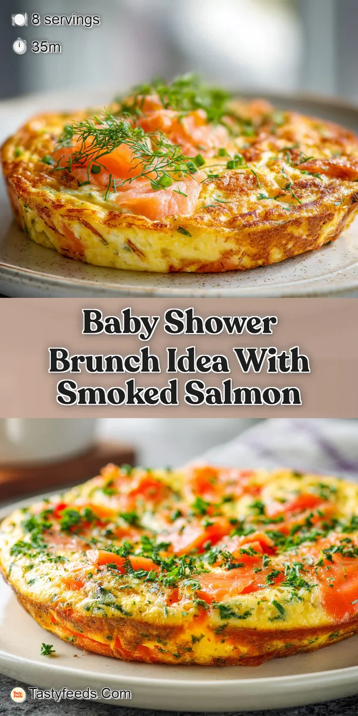 Creamy, pale yellow frittata close-up, flecked with pink salmon and bright green herbs, bubbly texture, warm and savory.