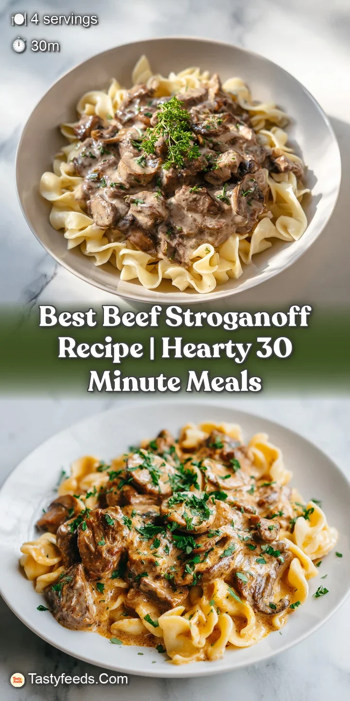 Juicy beef morsels coated in a velvety, golden-hued mushroom sauce, glistening under soft light.