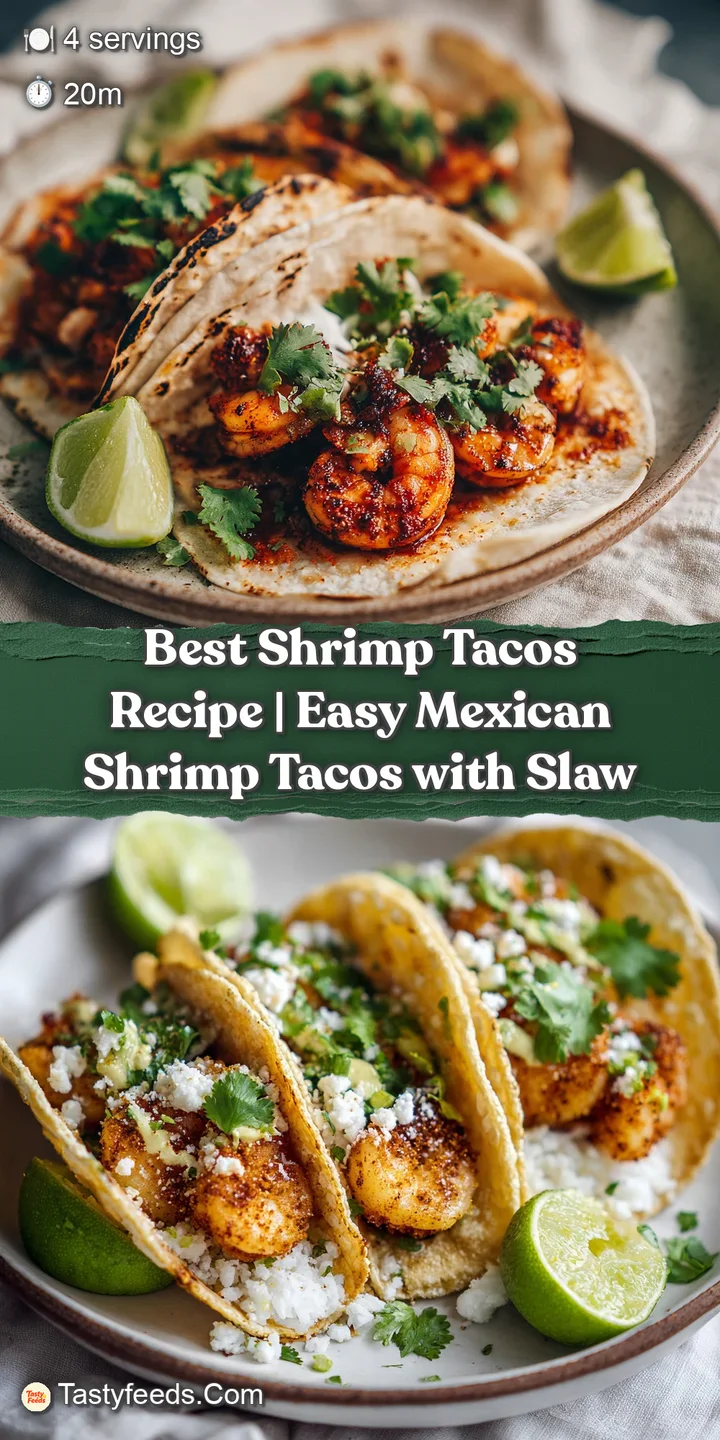 Juicy, plump shrimp nestled in soft tortillas, topped with bright slaw and a creamy lime sauce, close-up.