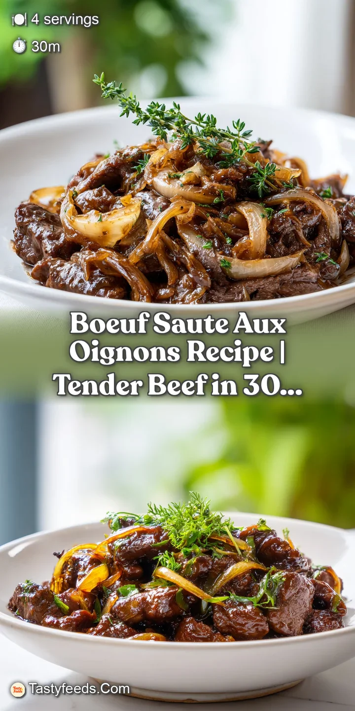 Close-up showcases the melt-in-your-mouth texture of browned beef sauteed with soft, golden onions in a glossy, deeply fla...