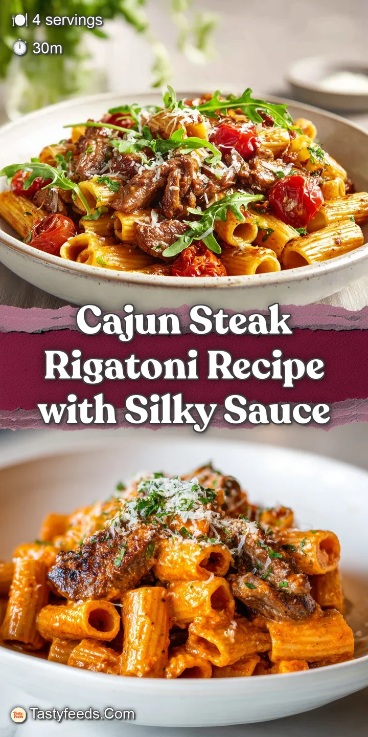 Close-up of glistening rigatoni pasta, coated in a decadent sauce, with tender steak and flecks of colorful Cajun seasoning.