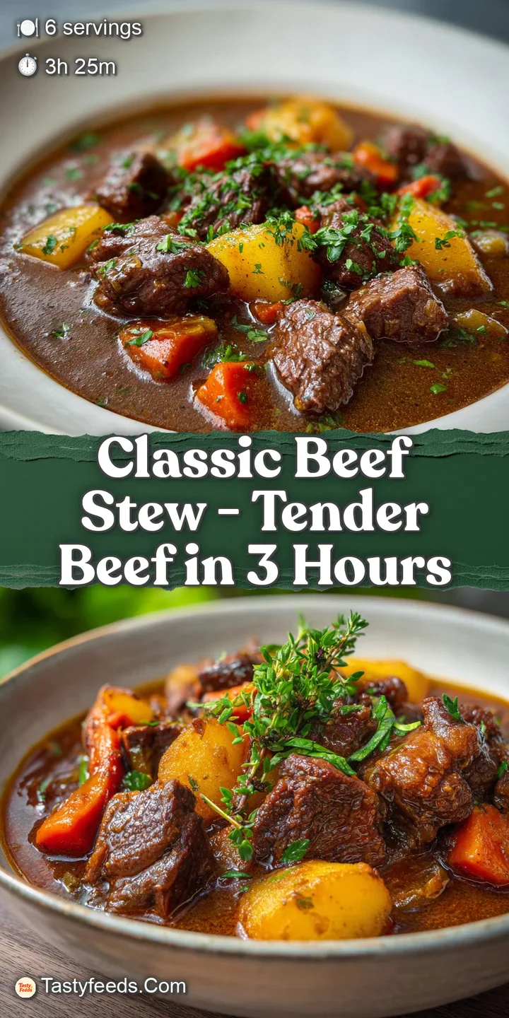 Close-up of tender beef chunks in a savory, deep brown stew. Hints of carrots and herbs visible. Rich and flavorful.