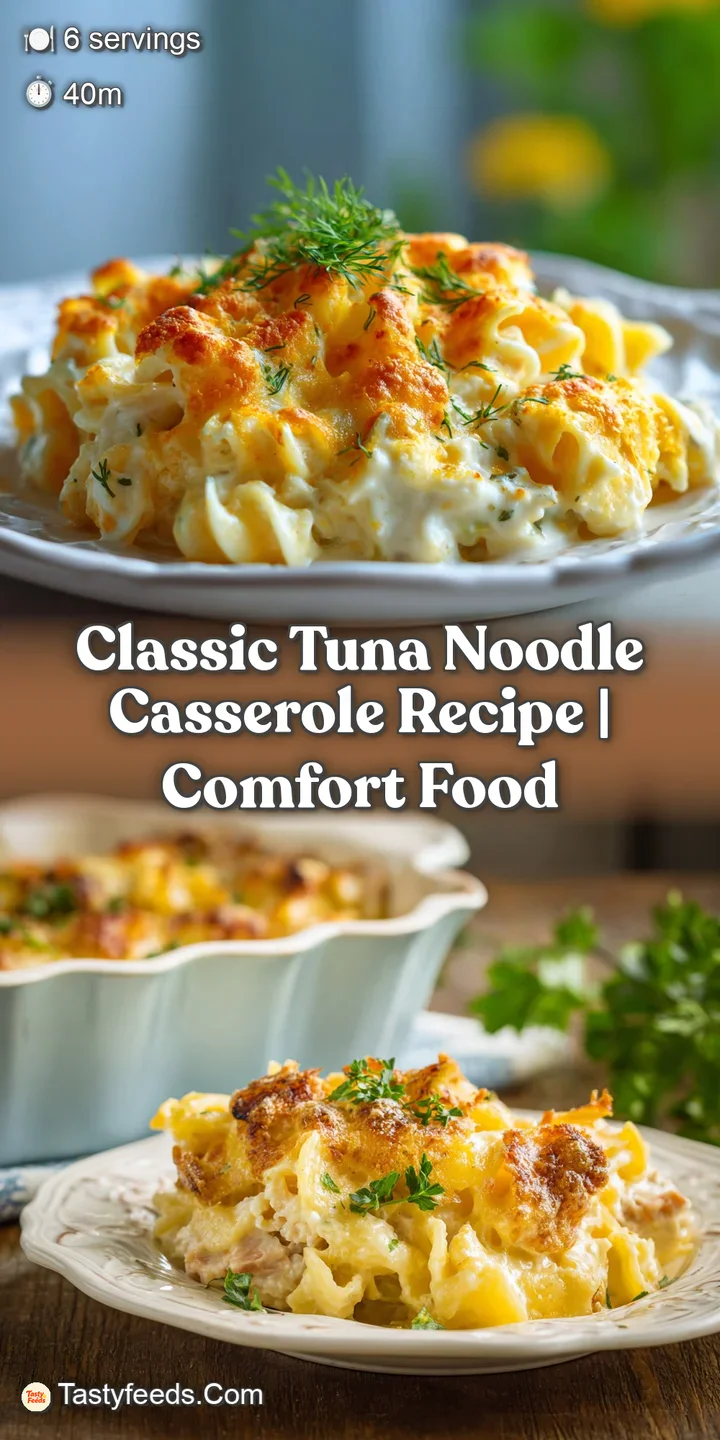 Close-up of tuna noodle casserole. Flaky breadcrumbs over a rich, creamy sauce filled with noodles, tuna, and peas.