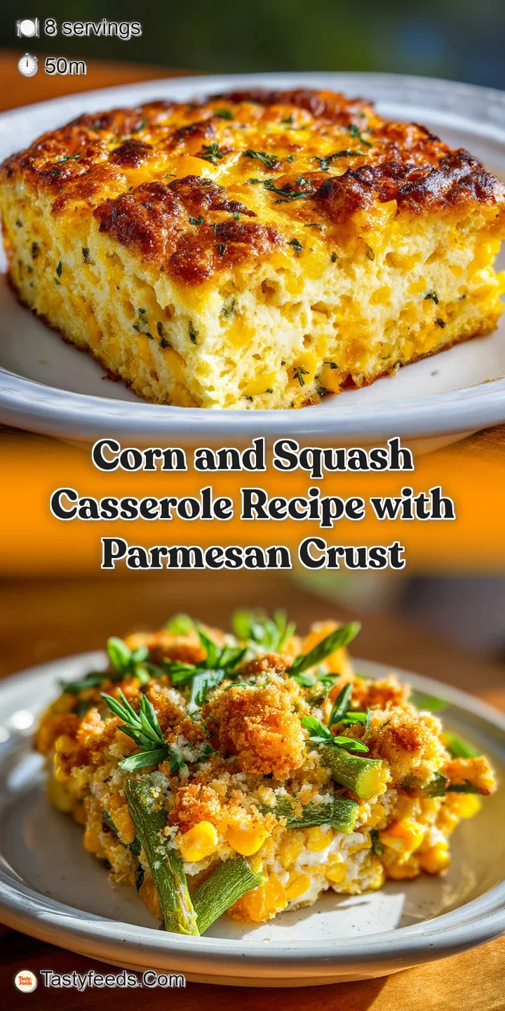 Close-up of a creamy, rich corn and squash casserole, showcasing the textures of the soft vegetables and golden crust.