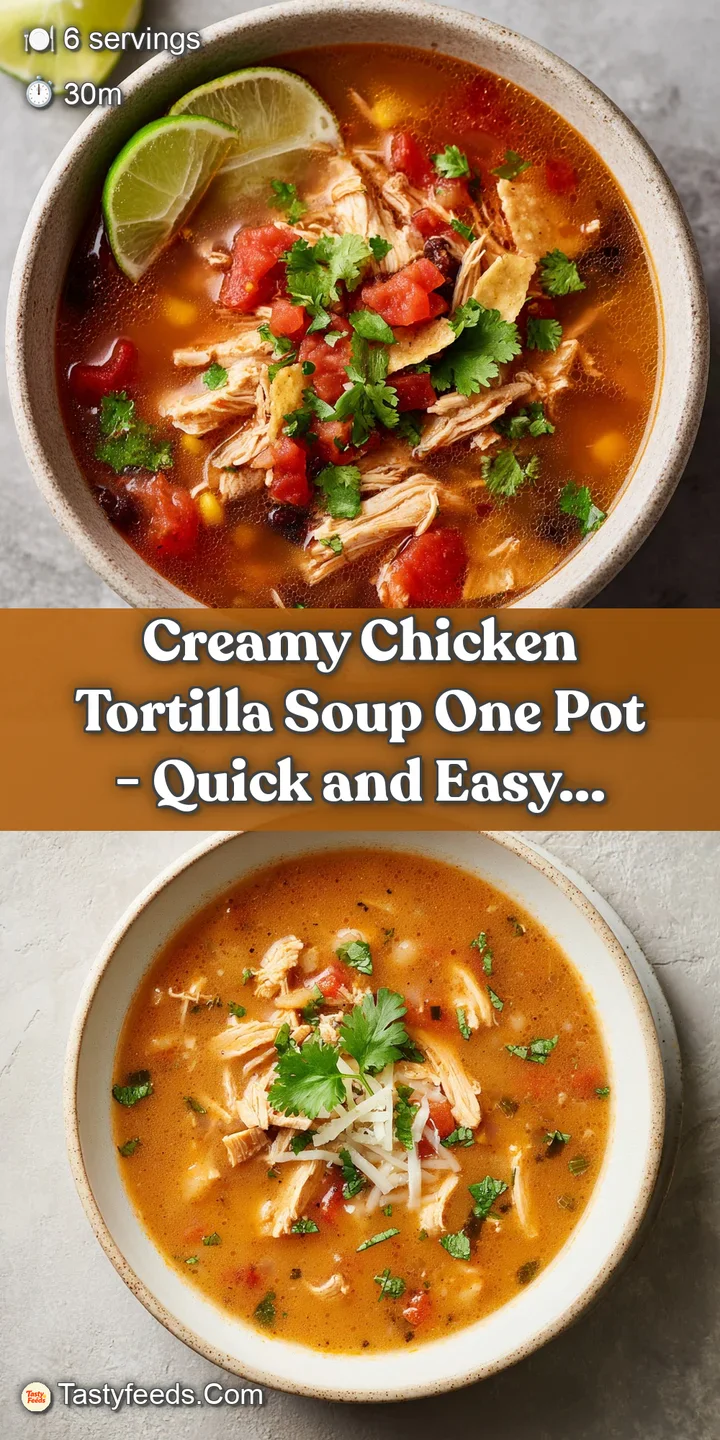 Close-up: Creamy chicken tortilla soup with tender chicken pieces and colorful vegetables. A vibrant, inviting, comforting...