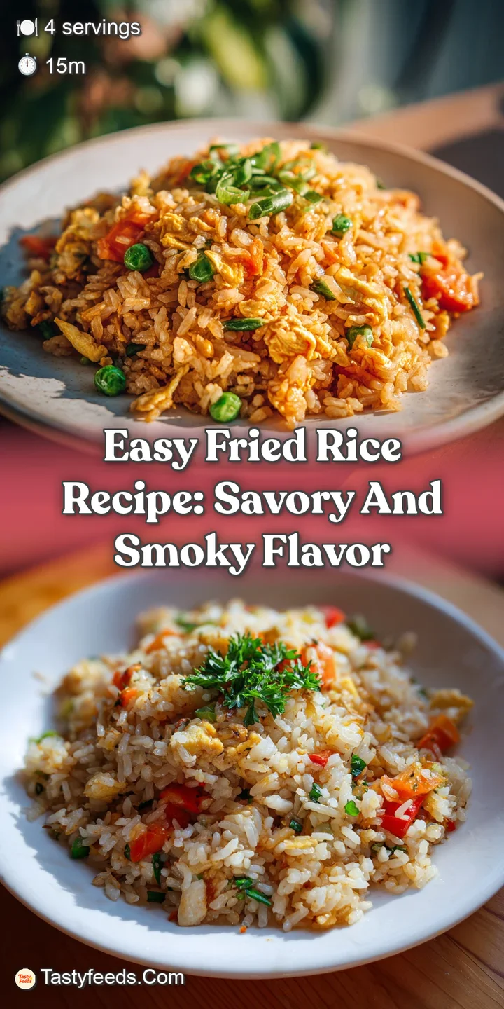 Close-up of steaming fried rice: each grain distinct, with hints of caramelized soy sauce, and colorful bits of vegetables...