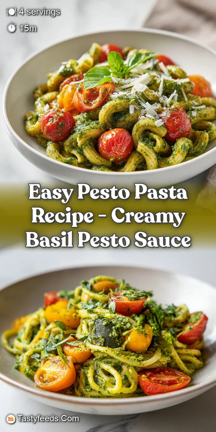 Close-up of tender pasta coated in bright green pesto, glistening with olive oil and flecked with cheese.