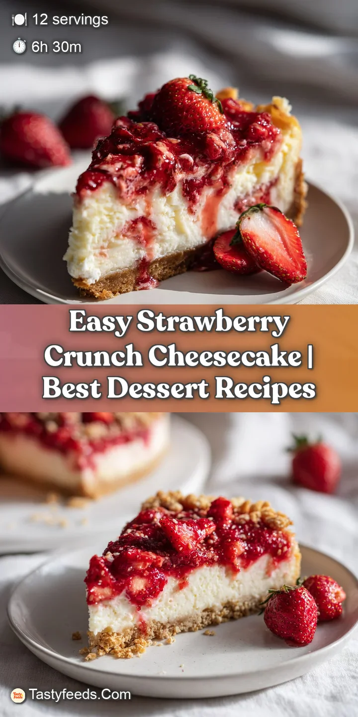 Close-up view of a rich cheesecake with a crumbly topping and glistening strawberry compote.