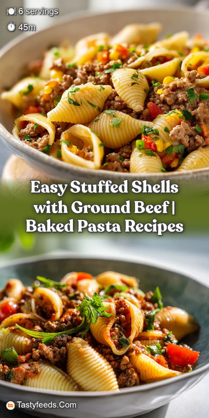 Close-up of a golden-baked stuffed shell overflowing with savory ground beef and creamy ricotta, topped with mozzarella.