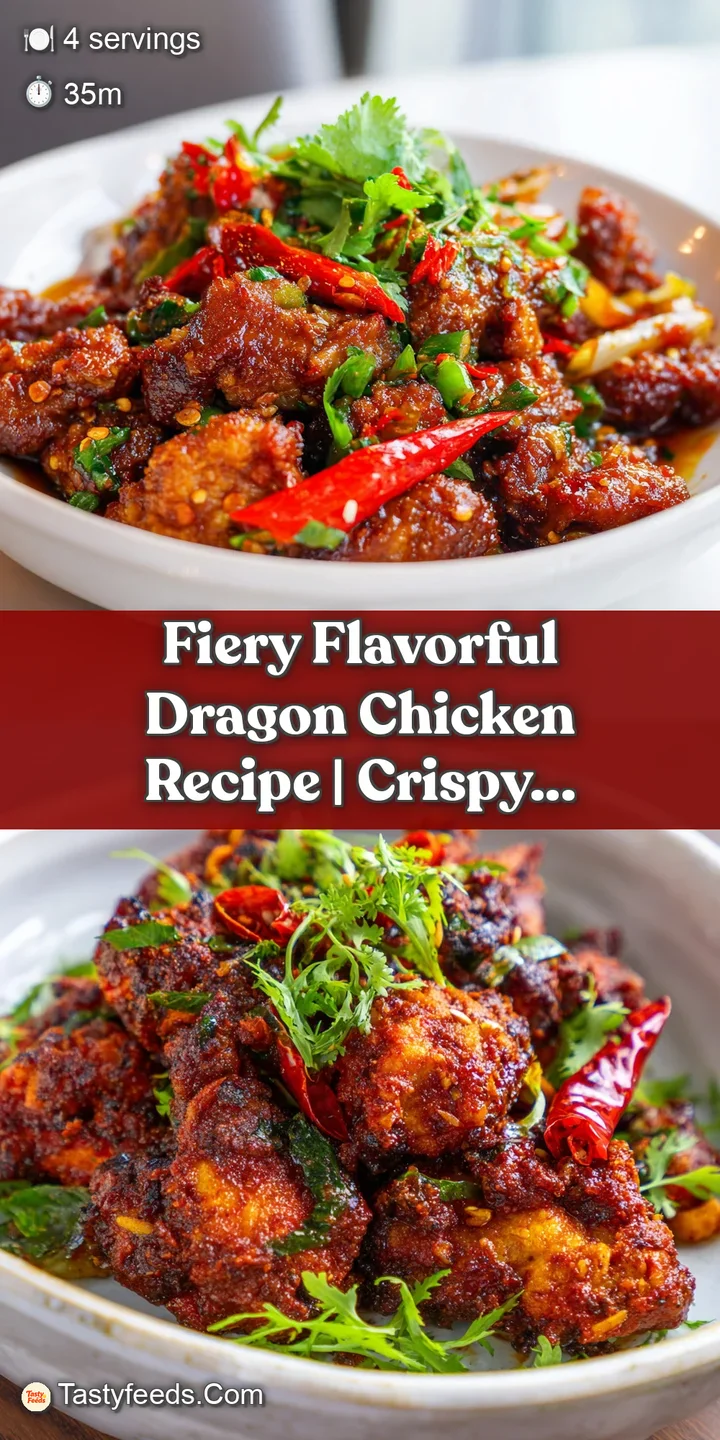 Close-up of glistening Dragon Chicken: fiery red sauce clings to the tender chicken, promising a sweet and spicy explosion...