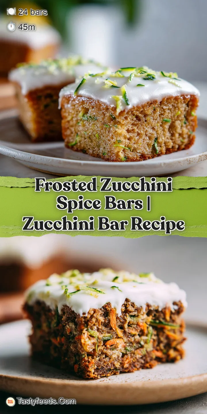 Close-up of a frosted zucchini bar: soft, moist crumb meets sweet cream cheese, hints of warm spice visible throughout the...