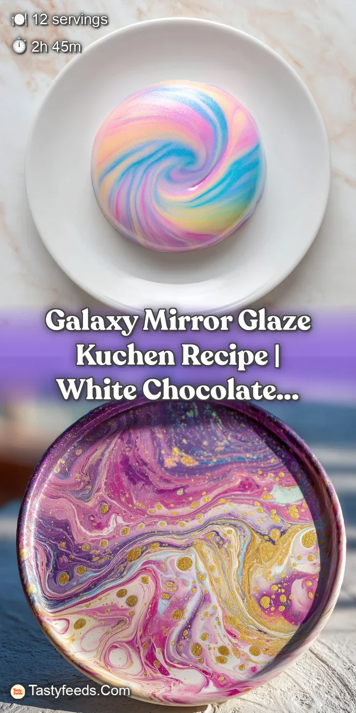 Close-up of shimmering galaxy mirror glaze cake. Reflective, ethereal, and intensely appetizing. A luscious dessert.