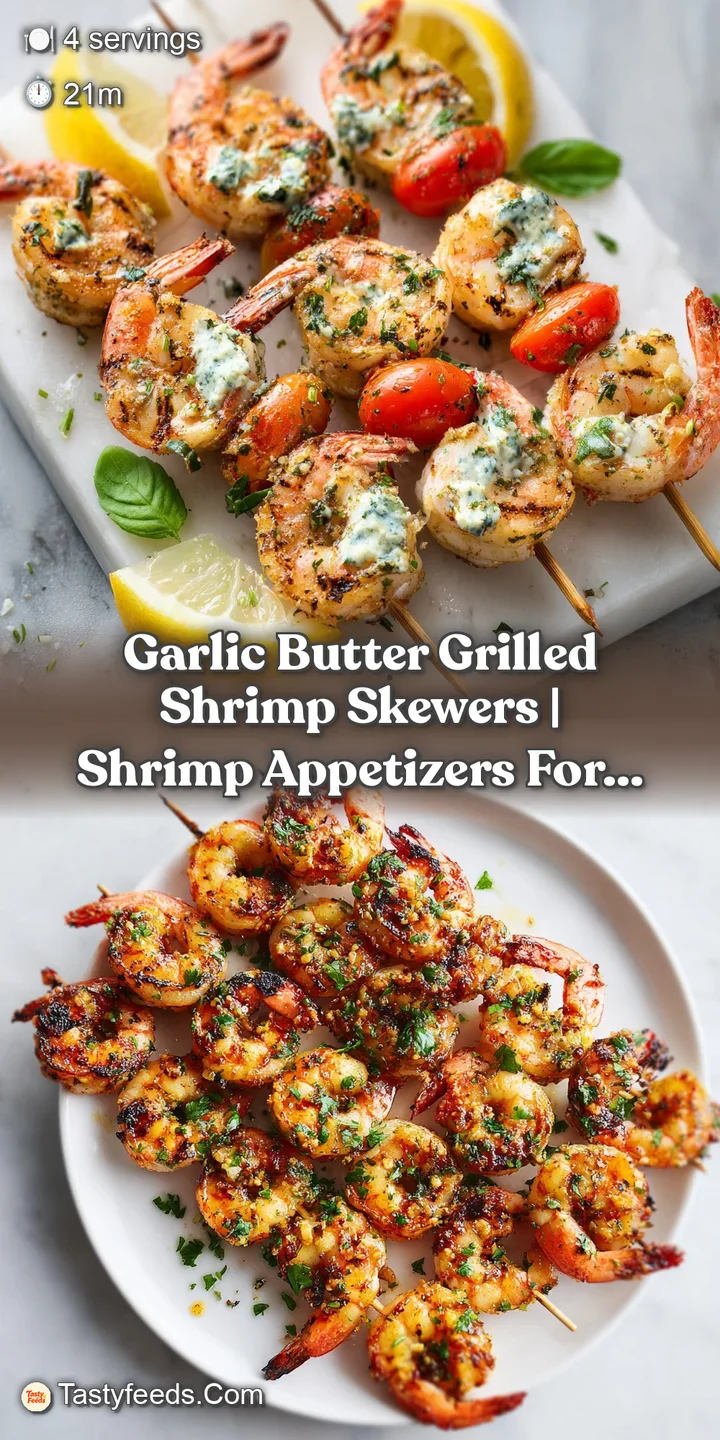 A close-up of plump, succulent shrimp skewers, lightly charred and coated in shimmering, aromatic garlic butter.