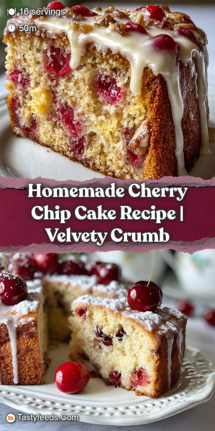 Close-up of cake; a creamy, sweet, pink frosting, studded with juicy red cherries and soft cake; tempting bite.