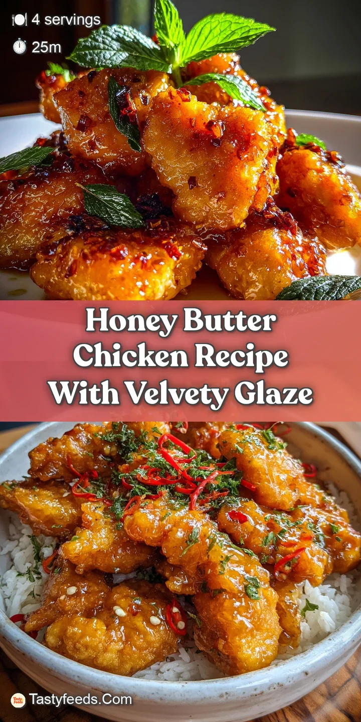 Close-up captures the sticky, luscious texture of honey butter glazed chicken. Notice the delicate sesame seed and herb ga...