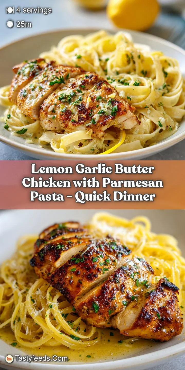 Close-up: Juicy lemon garlic chicken with glistening butter sauce pools over creamy parmesan pasta. Sprinkled herbs add fr...