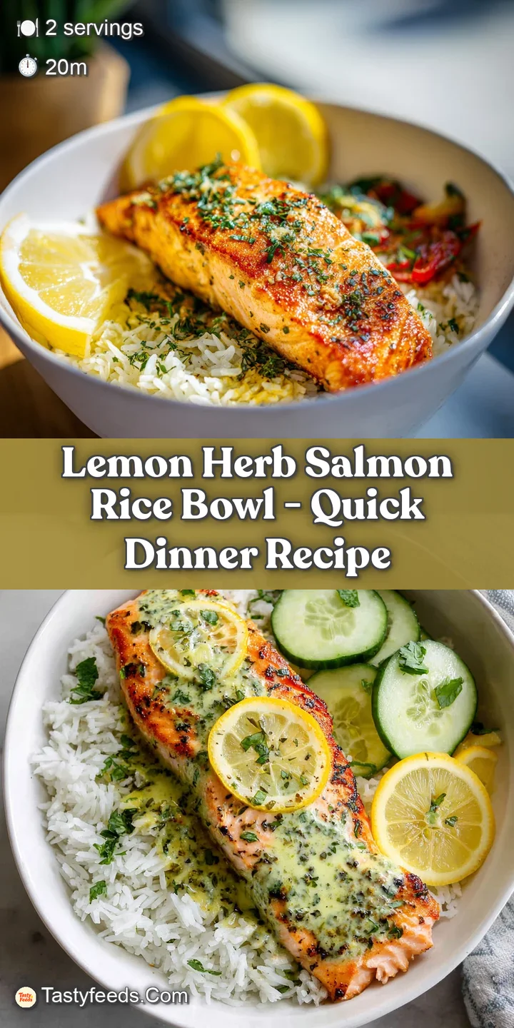 Close-up showcases moist salmon glistening with herbs, nestled on fluffy rice. Zesty lemon adds brightness in this appetiz...