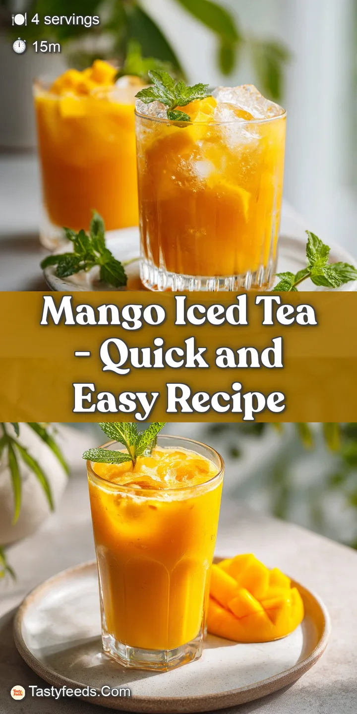 Close-up of refreshing mango iced tea; ice cubes glisten, with a slice of mango & mint leaves. A cool, sweet escape on a w...