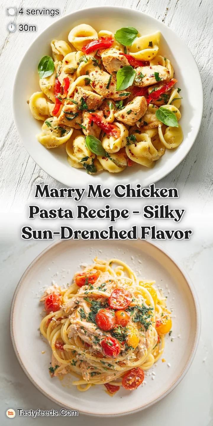 Close-up of glistening Marry Me Chicken Pasta. Creamy sauce coats tender chicken and vibrant sun-dried tomatoes. Ready to ...