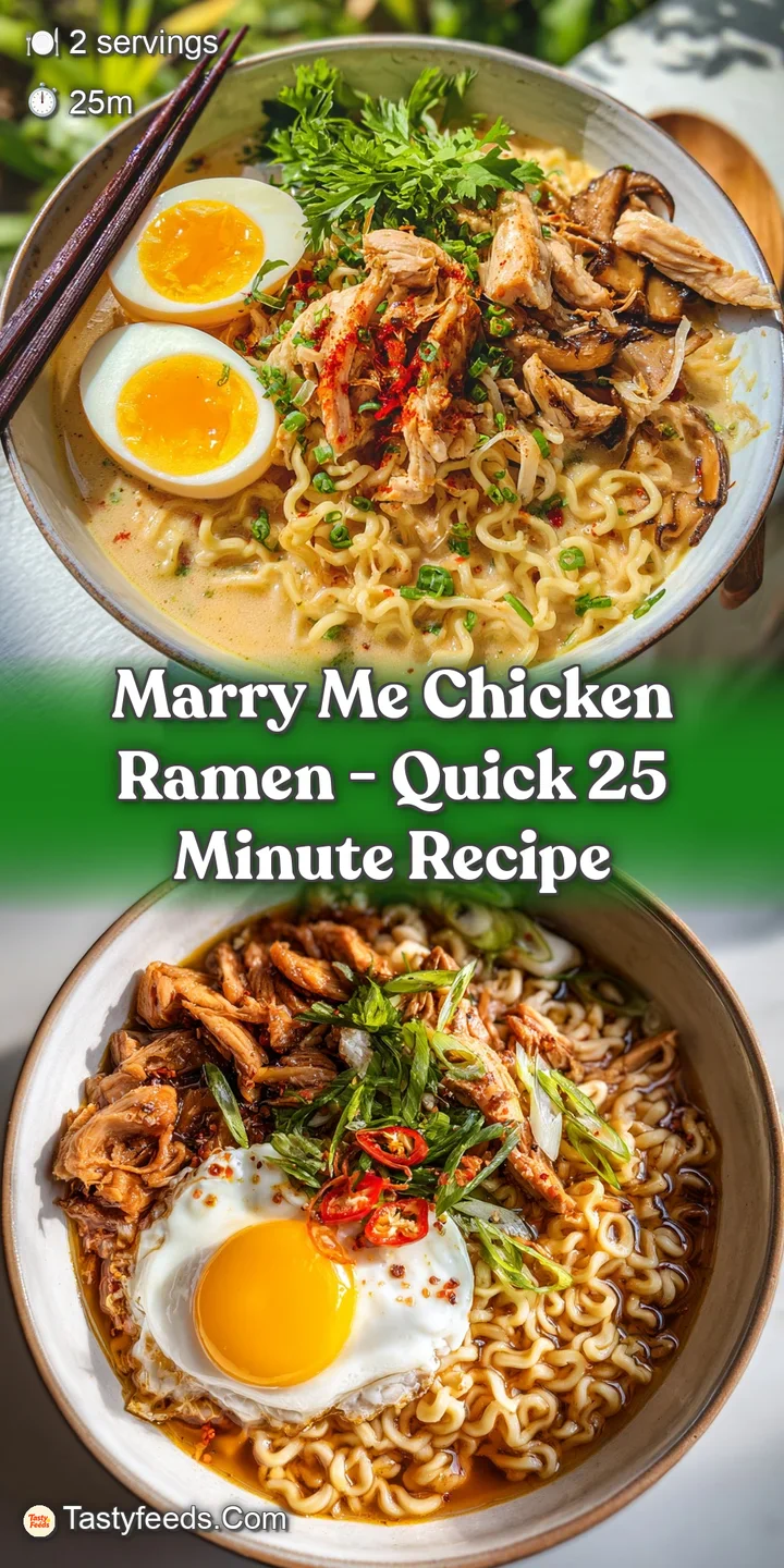 Close-up of glistening ramen noodles coated in a rich, creamy sauce with tender chicken and a sprinkle of herbs.