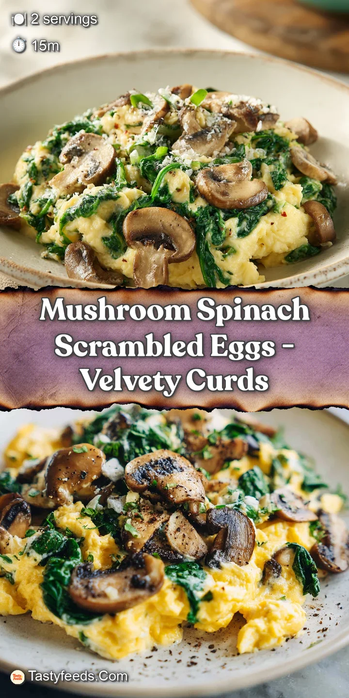 A close-up of perfectly cooked scrambled eggs studded with chopped spinach and sliced mushrooms, showcasing soft textures ...
