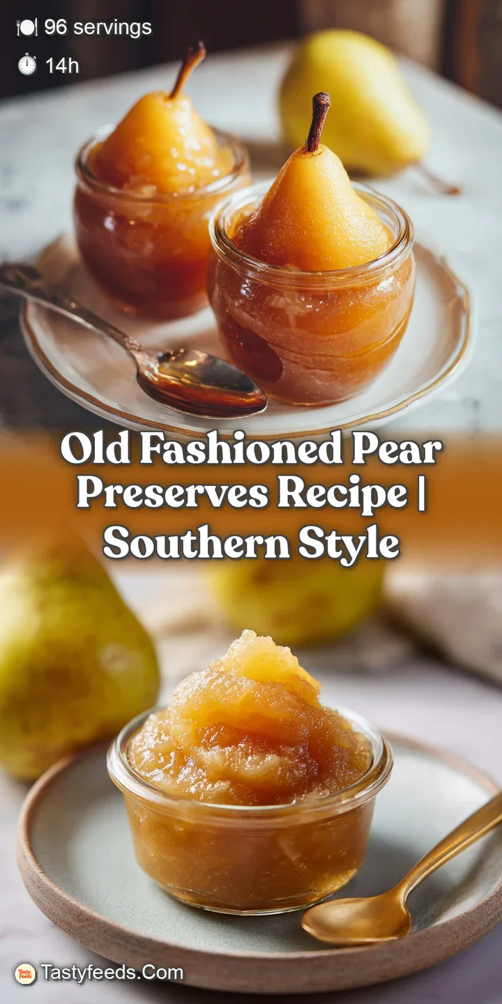 Close-up of chunky, translucent pear preserves; flecks of spice and the bright, inviting color promise homemade goodness.