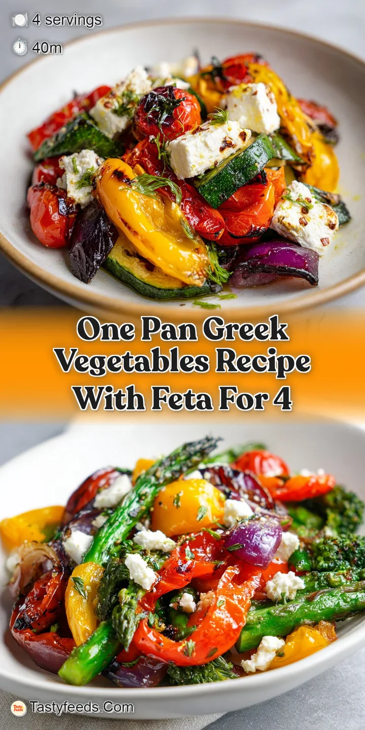 Close-up shows the blistered skin on tender roasted veggies, with pools of golden olive oil and crumbled salty feta cheese...