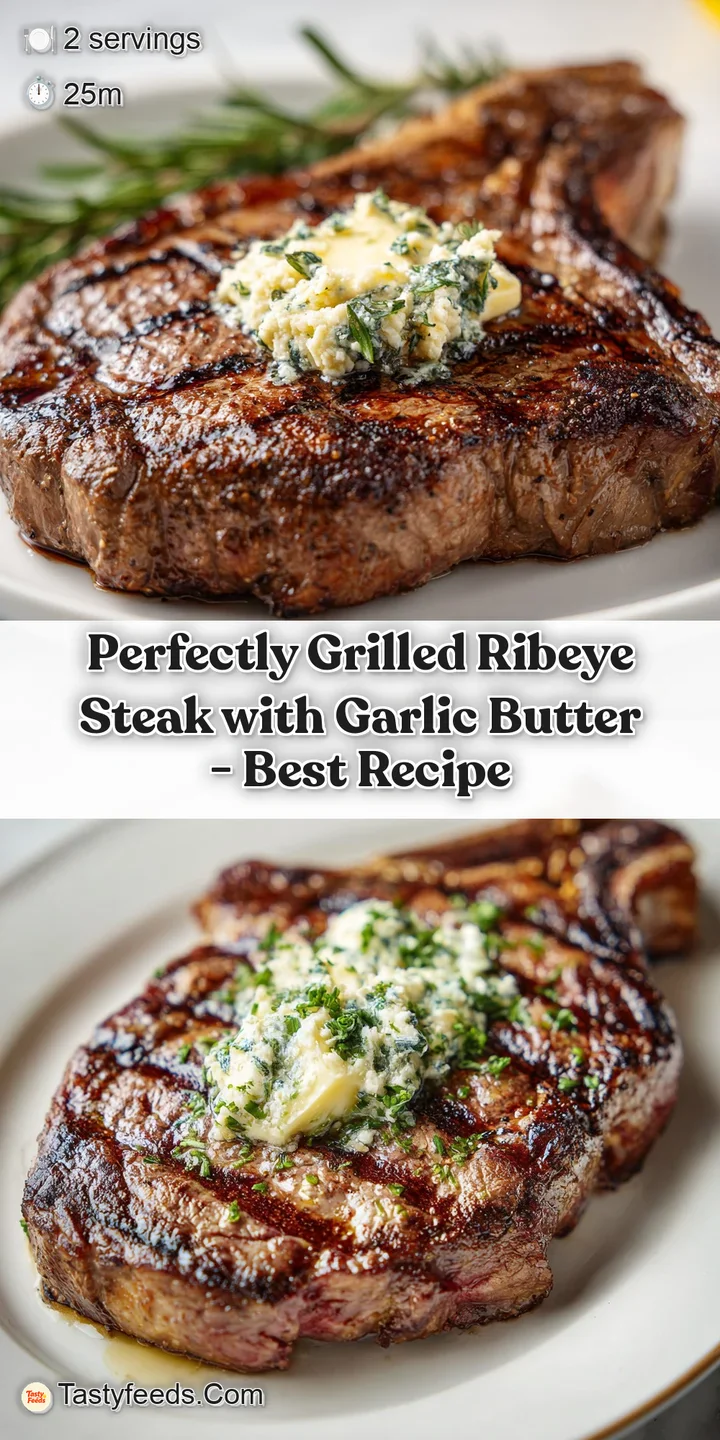 Close-up of a thick, seared ribeye steak, its juicy interior revealed, topped with melting garlic herb butter.
