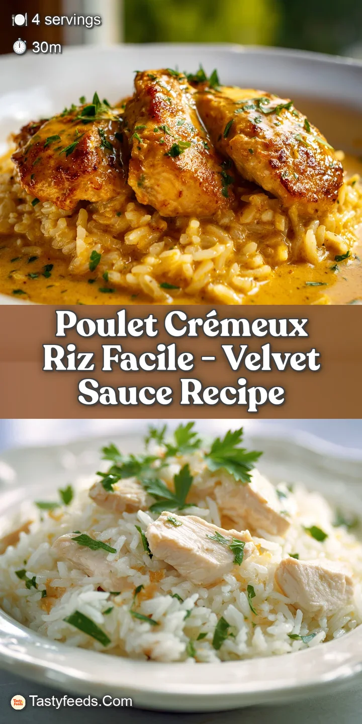 Close-up of creamy chicken, glistening with rich sauce. The tender chicken and fluffy rice are highlighted by a scattering...