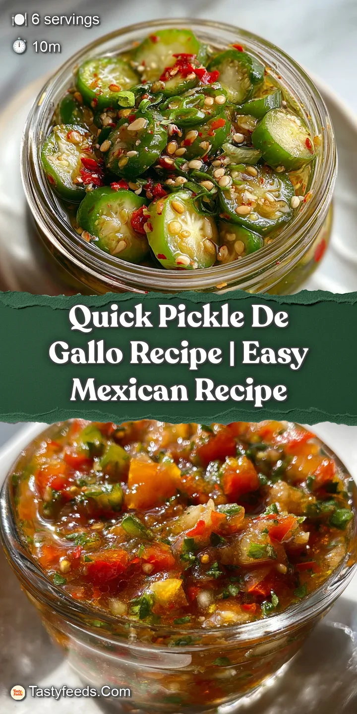 Close-up of glistening, freshly made pickle de gallo. Vivid green, red, and white vegetables glisten with brine.