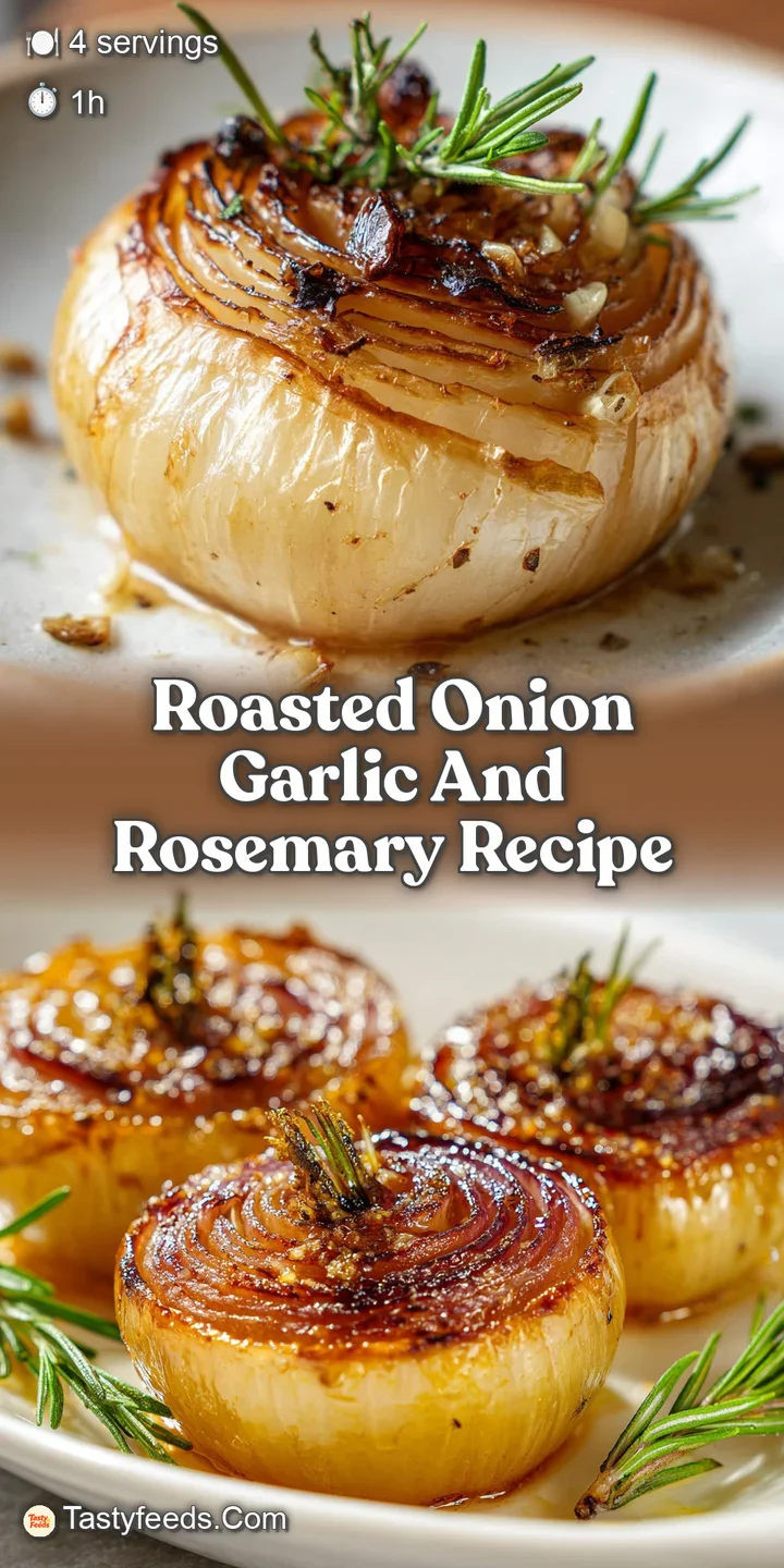 Close-up of glistening, soft roasted garlic cloves nestled among caramelized onions and fragrant rosemary needles.