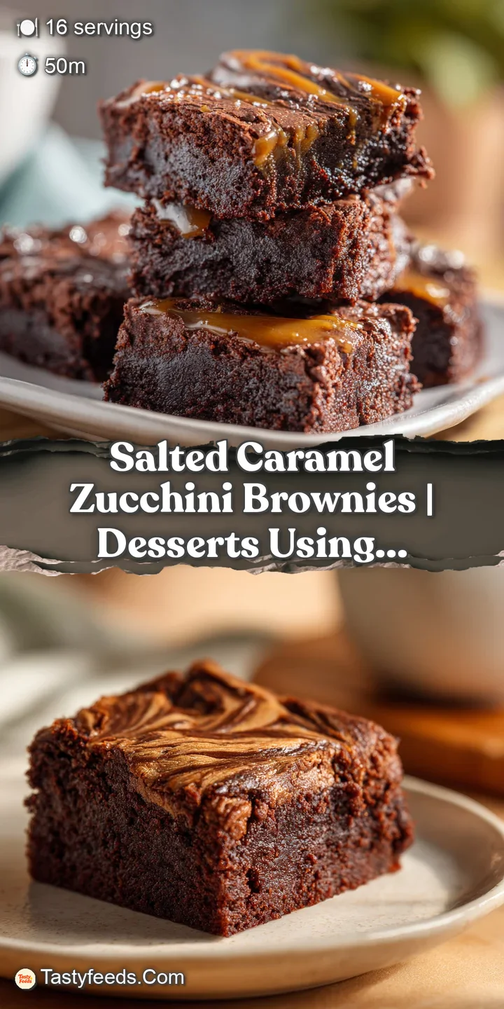 Close-up captures the moist, rich crumb of a salted caramel zucchini brownie, revealing chocolatey depth and caramel veins.