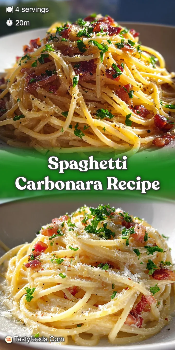 Close-up of spaghetti carbonara, showcasing the creamy sauce clinging to the noodles and speckles of golden fried guanciale.