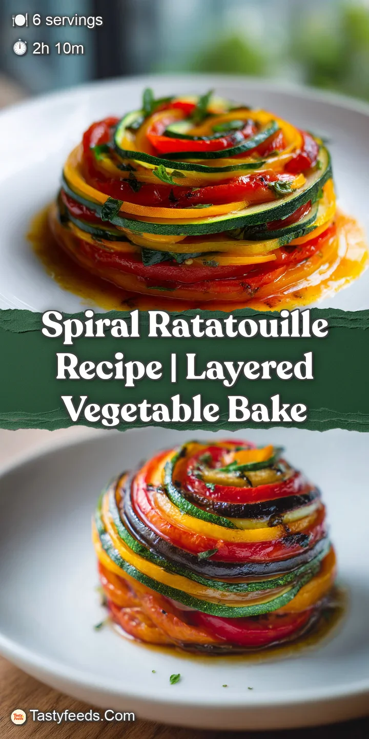 Close-up view of baked ratatouille's concentric circles; softened eggplant, zucchini, and tomato edges hint at savory swee...