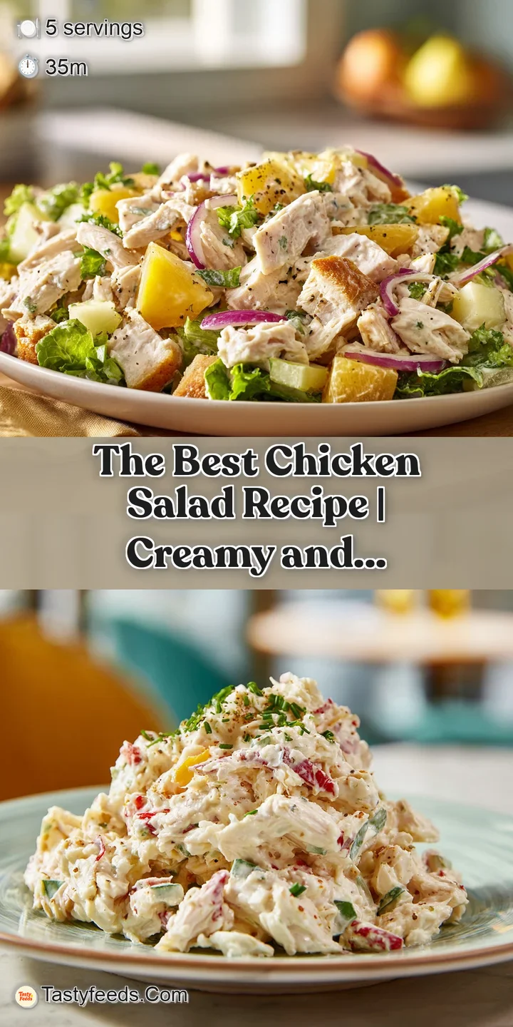 Close-up of moist shredded chicken mixed with creamy dressing, studded with diced red onion and green herbs.