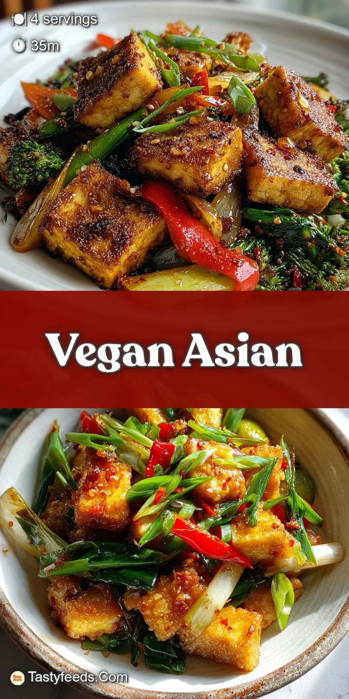 Close-up of glistening tofu and verdant vegetables. A captivating play of textures and warm, earthy colors invite a taste.