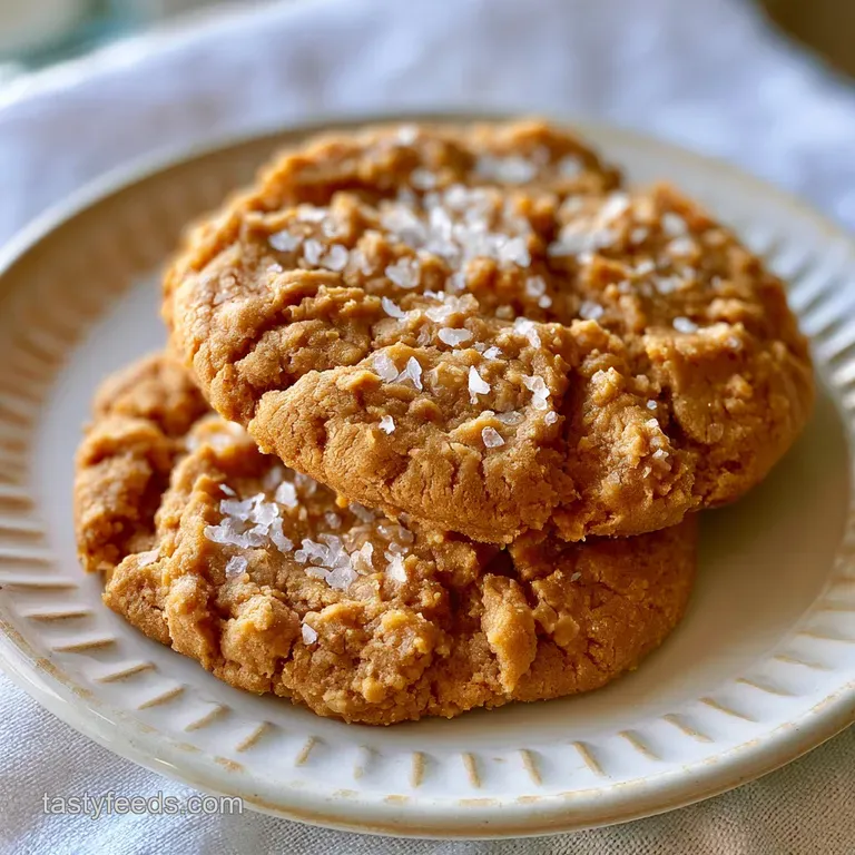 A stack of soft, tan cookies on a white ceramic plate beside a glass of milk with a light dusting of sea salt.