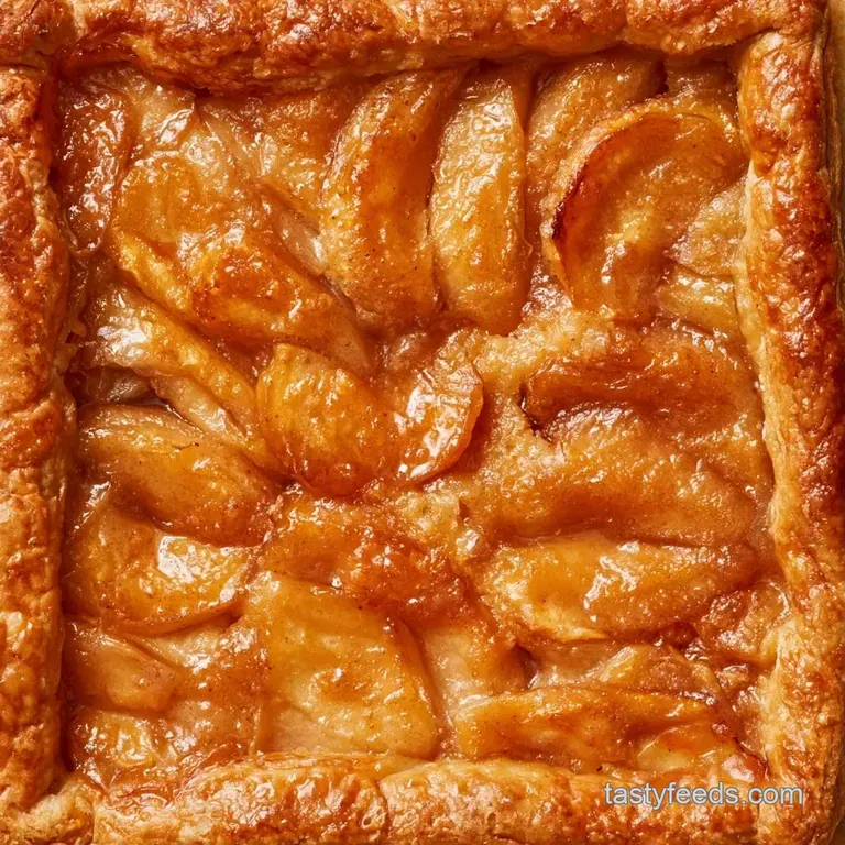 A neat slice of flaky pastry with tender apples on a ceramic plate, finished with a dusting of powdered sugar.