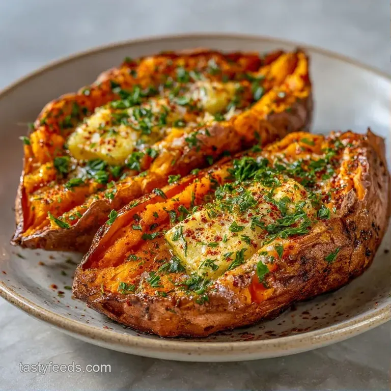 Four halves of roasted orange vegetables on a rustic platter, garnished with melting butter and fresh parsley.
