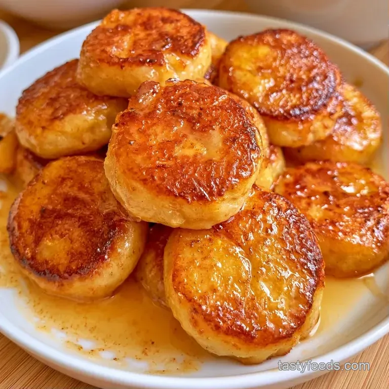 A stack of golden pancakes with delicate lacy edges, garnished with fresh banana slices and a drizzle of honey.