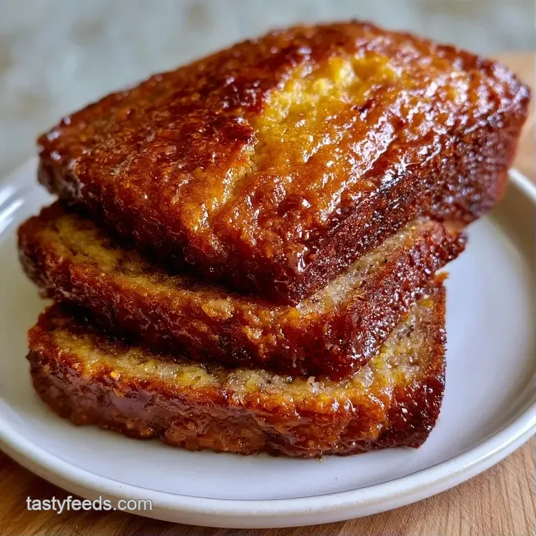 Stacked golden-brown toast on a white ceramic plate with fresh blueberries, sliced bananas, and a dusting of sugar.