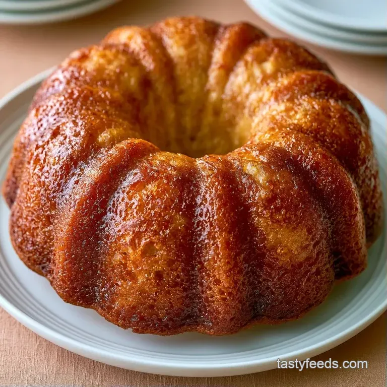 A thick slice of golden cake on a white plate, drizzled with creamy glaze and topped with a fresh banana slice.