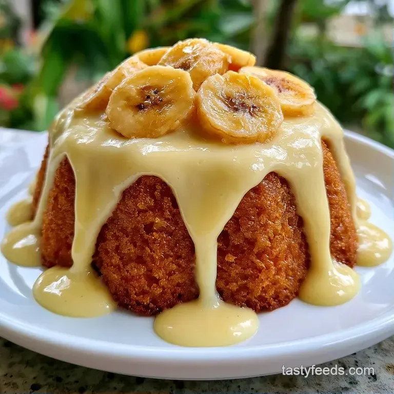 A slice of golden sponge cake topped with a swirl of white cream and fresh banana slices on a white ceramic plate.