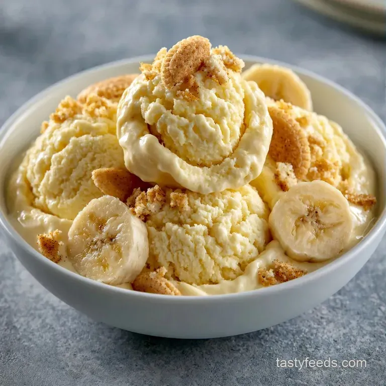 Elegant scoops of pale yellow frozen custard topped with a crisp vanilla wafer and sliced banana on a white dish.