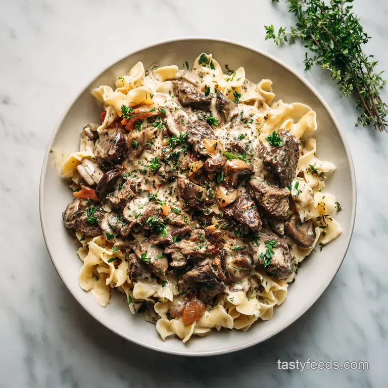 Silky stroganoff artfully swirled in a shallow bowl, garnished with bright green chives and a dollop of sour cream.